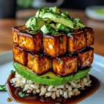 Crispy Teriyaki Tofu and Avocado Rice Stack