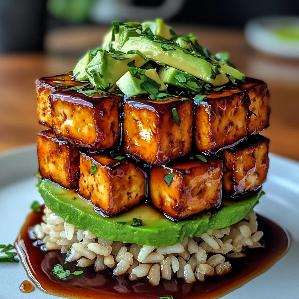 Crispy Teriyaki Tofu and Avocado Rice Stack