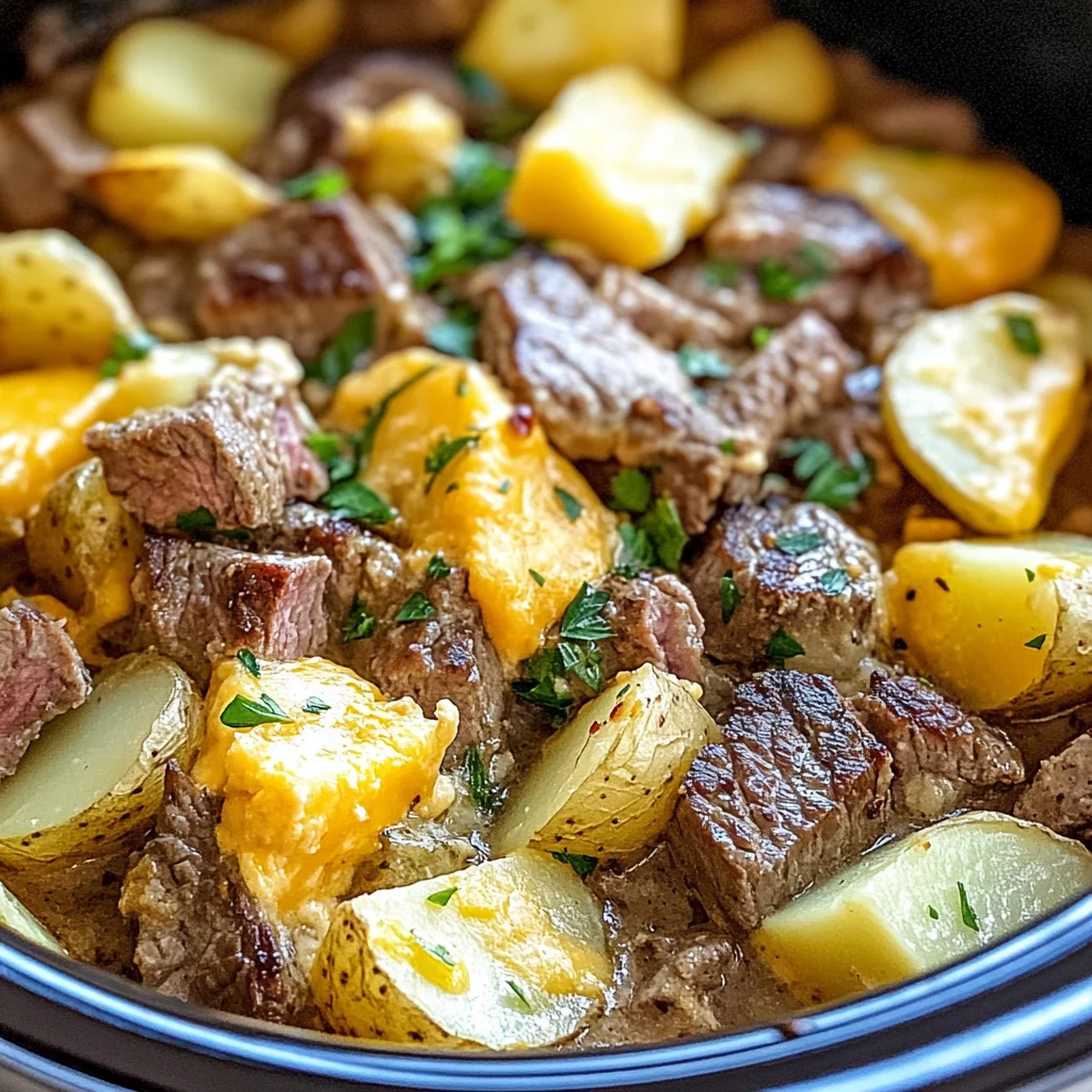 Slow Cooker Steak and Cheddar Potato Casserole