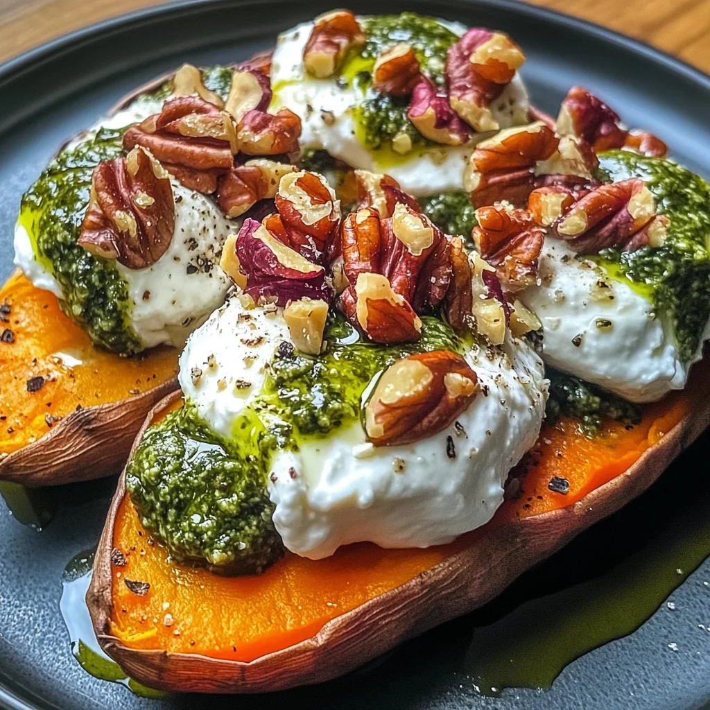 Stuffed Sweet Potatoes with Burrata, Toasted Walnuts & Sage Pesto